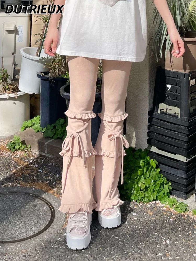 Japanese Elastic Waist Stretch Lace-up Bell-Bottom Pants Spring Autumn New All-Matching Solid Color Sweet Girls' Casual Trousers