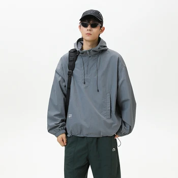 Man Trench Coat Man  New Japanese Style Outdoor Trend Waterproof Hooded Half Zip Unisex Design for Daily Wear Long Men´s Coats 4