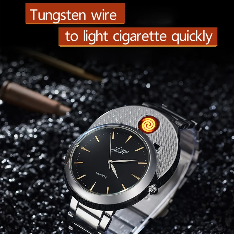 Scratch-Resistant Steel Watch Lighter - Type-C Fast-Charge Flameless USB, Windproof Quartz Clock, Ideal Men’s Gift with Gift Box