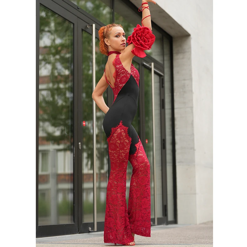 2025 Red Lace Latin Dance Jumpsuit Women Competition Clothing Cha Cha Rumba Dance Performance Cothes Adult Sexy Pants BL17705