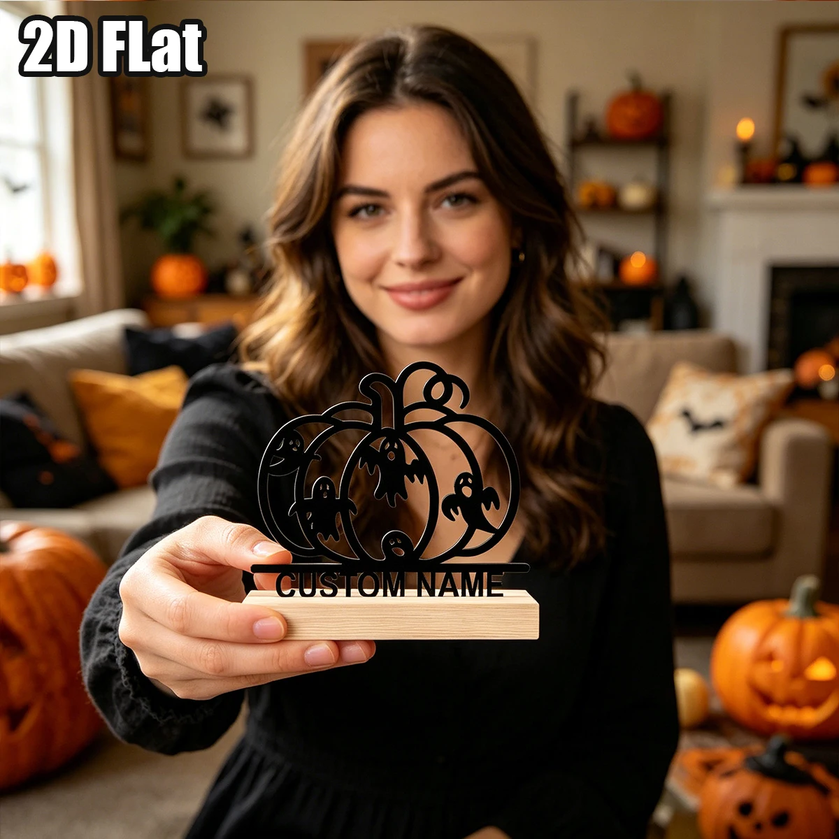 1Pc Custom Cute Ghost Wooden Base Metal Ornament,Home Room Desktop Decor,Ideal Birthday Wedding Halloween Festive Gift