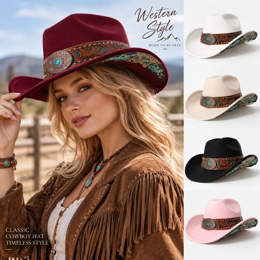 Turquoise Decor Western Cowboy Hat Vintage Embossed Band Cowgirl Hat Retro American Style Stage Performance Hat For Women Man