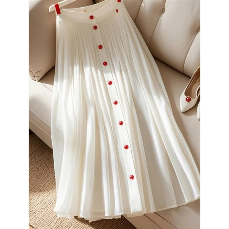 

Women's White Chiffon Pleated Maxi Skirt High Waist Slim A-Line Flowy Skirt