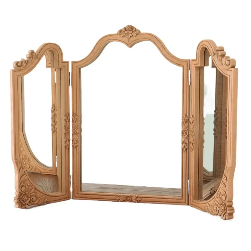 Vintage Carved French Style Tri Fold Makeup Mirror Wall Mounted or Desktop Folding Dresser Mirror for Bedroom Bathroom Decor