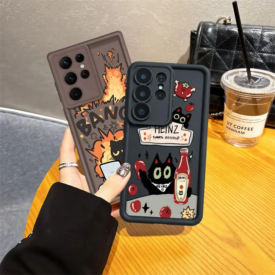 Phone Cover Case for Samsung Galaxy S26 S24 ultra S20 FE S23 S25 S21 Note 20 Ultra S22 Plus Creative Label Black Cat