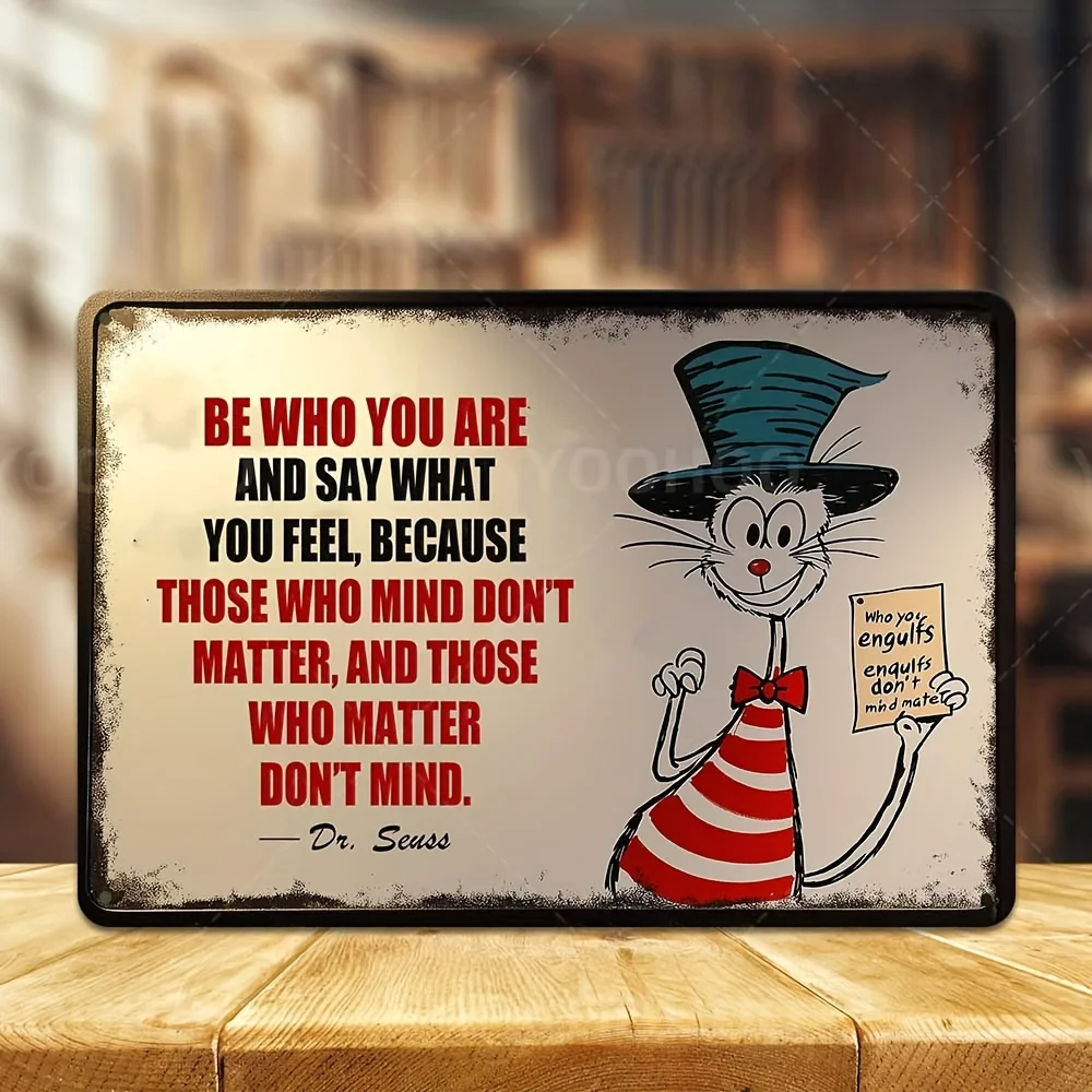 Be Who You Are Dr. Seuss-Inspired Aluminum Sign -  Vintage Motivational Wall Art with Illustration, Rustic Metal