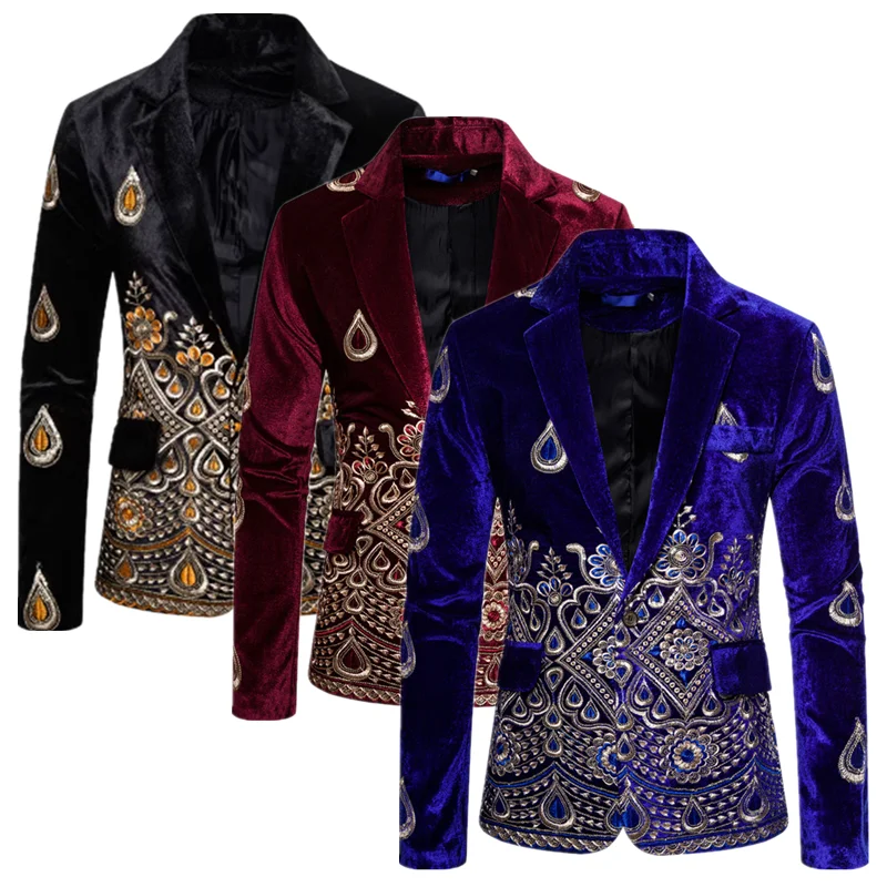 

New Men Luxury Golden Velvet Suit Jacket , Gentleman's Court Wedding Prom Party Embroidered Flower Blazer Coats