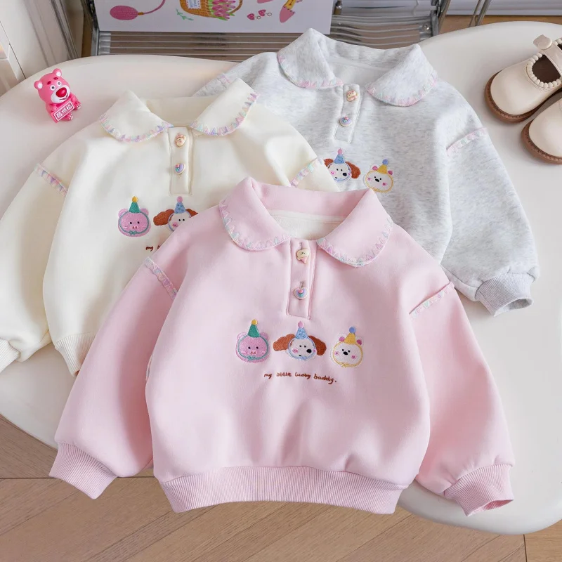 

LYY-Winter Little Girl Cartoon Printing plus Velvet Sweatshirt24New Fashion BabyPOLOCollar Autumn and Winter Long-Sleeved Shirt