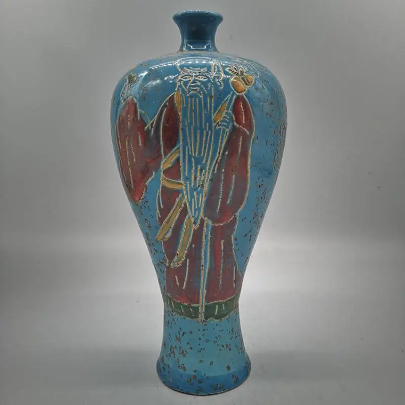 Chinese Ding Kiln Porcelain Blue Glaze Confucius Design Vase 11.4 inch Home Desktop Decor