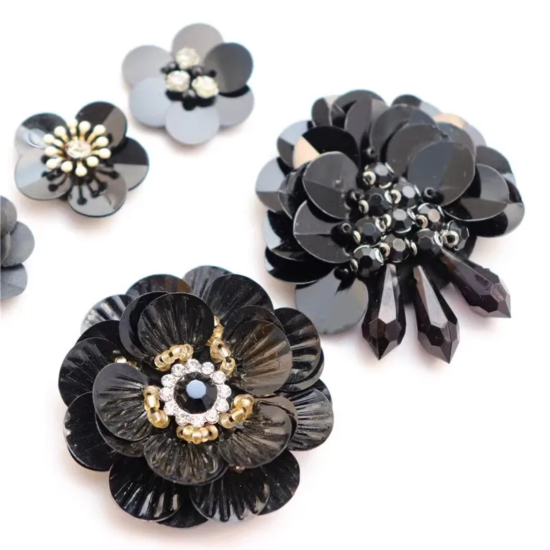 Hand-nailed Black Patch Beads Flower Cloth Paste 3D Clothing Accessories Patchwork Hole Glitter Patch Decoration DIY Applique