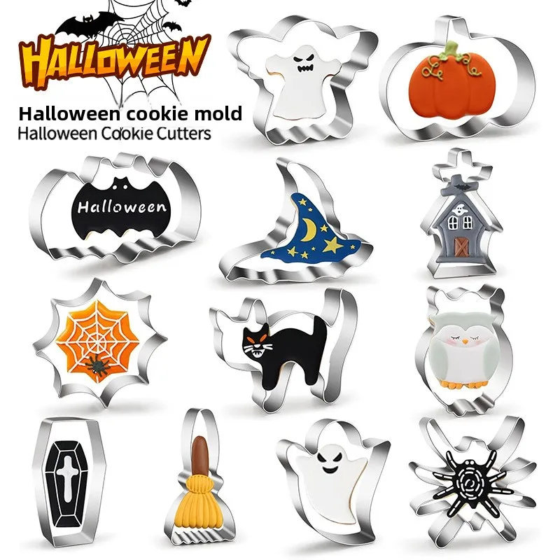 12pcs Halloween Cookie Cutter Stainless Steel Cartoon Cookie Mold Pumpkin Bat Ghost Spider Web Baking Molds Kitchen Baking Tools