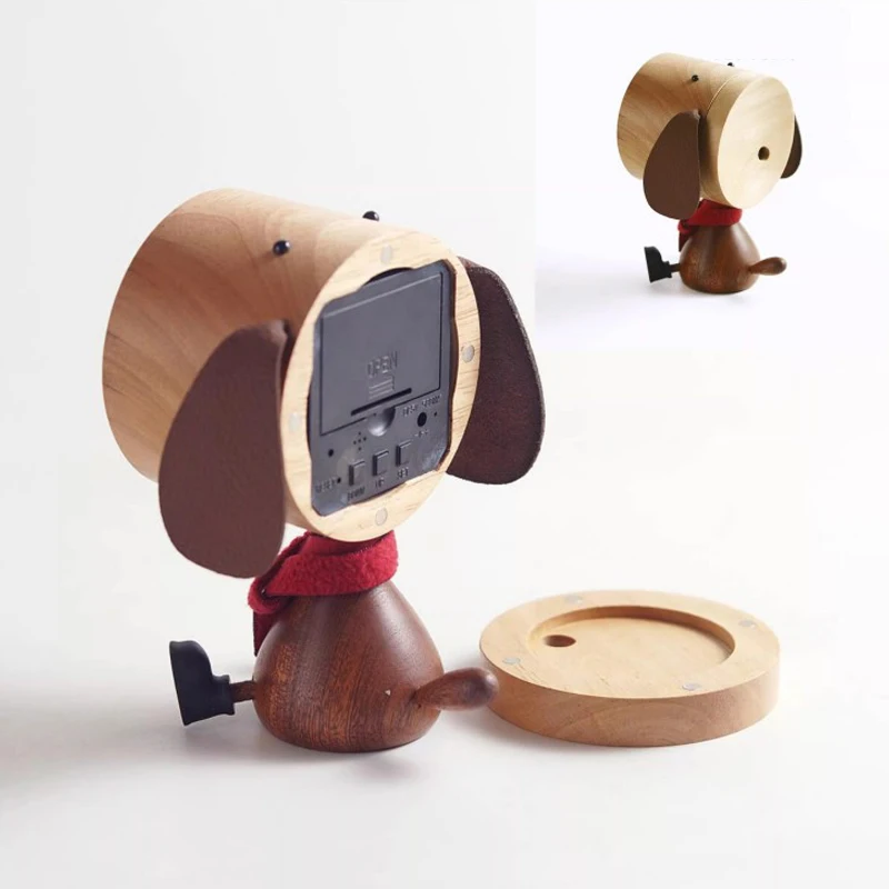 Wood Alarm Clock Cartoon Pit Desk Clocks with Sound & Motion Sensor Cute Dog Design  USB Charging