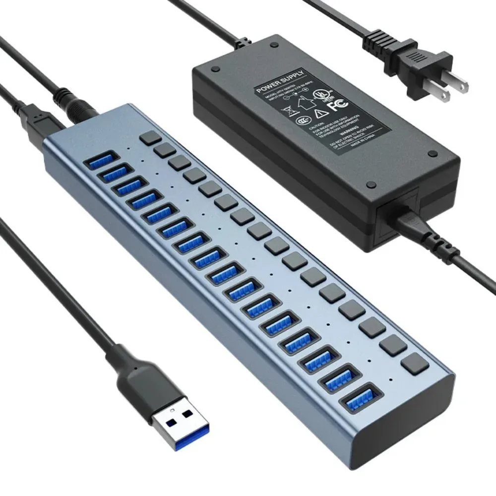 16-Port USB 3.1 Hub 10Gbps Industrial-Grade Aluminum Alloy 90W Power Adapter, Individual Switches, Fast Charging & Data Transfer
