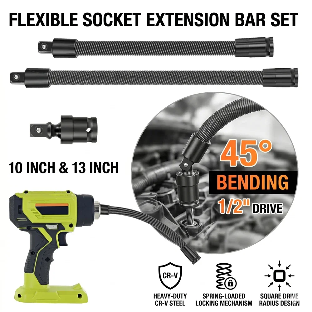 1/2 Flexible Socket Extension Ratchet Spring Bar 45 Degree Bend Heavy Duty CR-V Torque Extender Anti Slip Tool for Mechanic Repa
