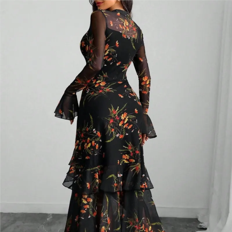 ربيع الخريف عطلة عادية المرأة تنورة طويلة موضة مطبوعة مثير شبكة تكدرت الربط شفافة قليلا فستان بكم طويل #5