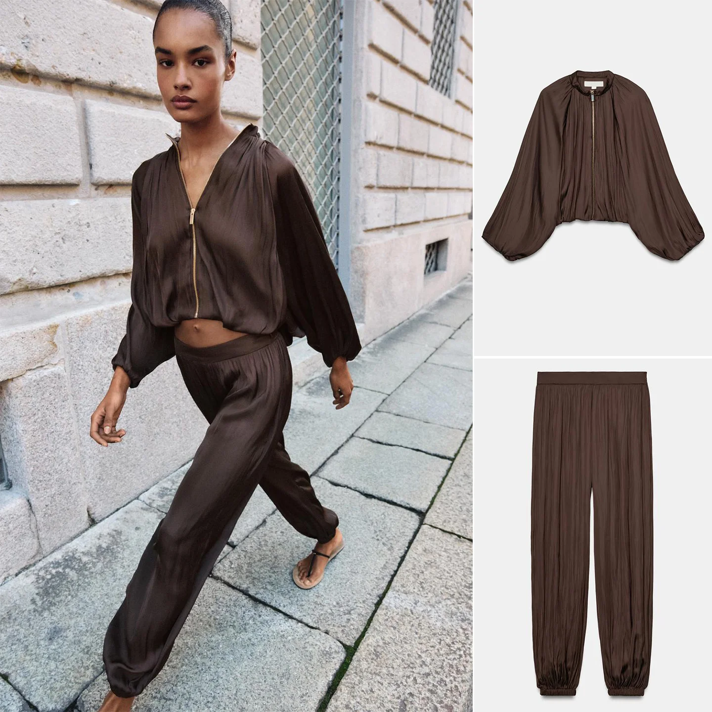 

Комплект: Куртка-пилот с рукавами-фонариками и брюки-фонарики с высокой талией. Весенний модный комплект для женщин: куртка-пилот с воротником-стойкой и рукавами-фонариками.