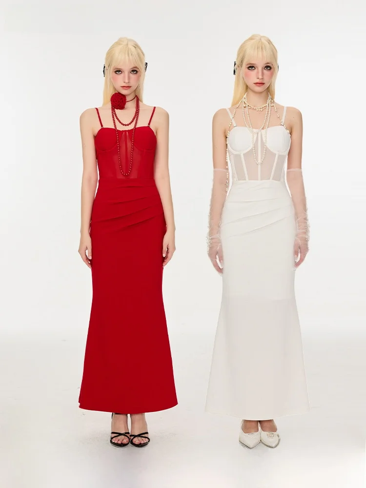 

HiimDai Date Night Вязаный платье Sweet And Spicy Красный Белый с волокнистым поясом, облегающий ремень, облегающий силуэт X-ape