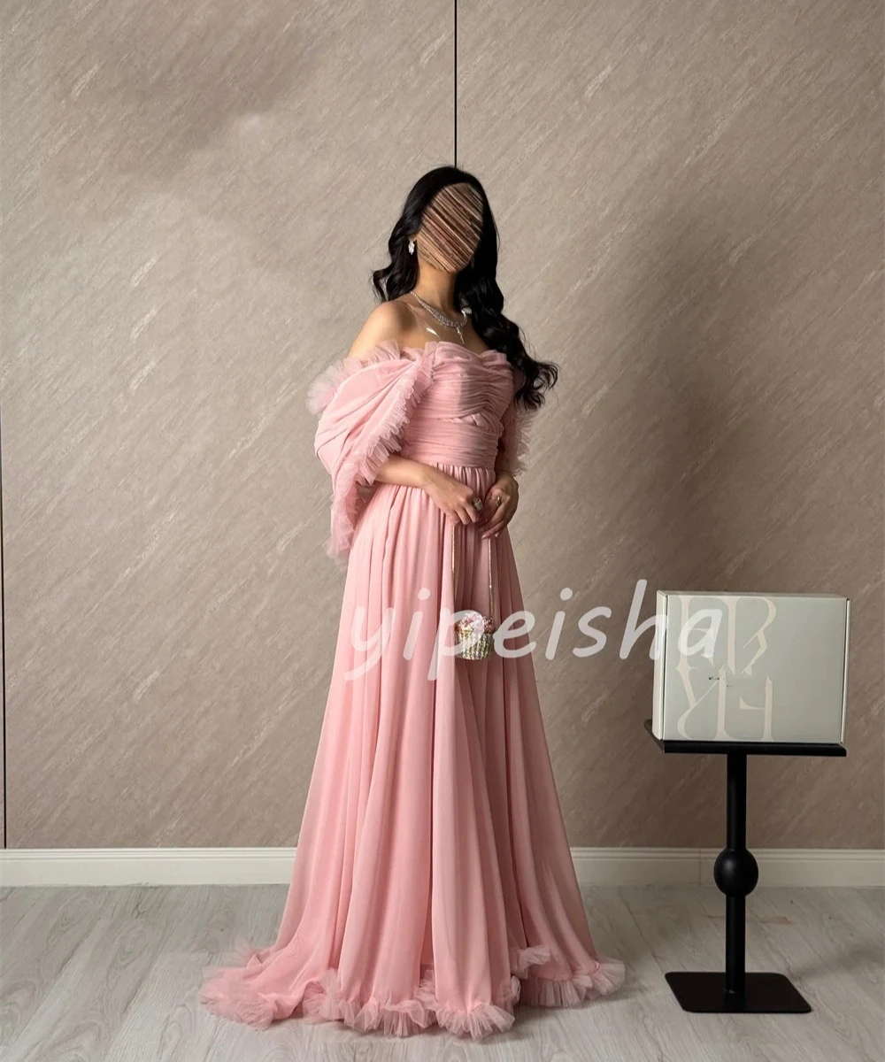 Customized Pink Simple Sizes Available Chiffon Pleat Ruched A-line Off-the-shoulder Floor-Length Evening Dresses for Woman