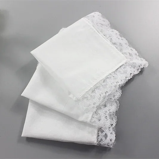 23 x 25CM Japanese Korean Cotton Ladies Handkerchief Pure White Handkerchief Small Square with Lace