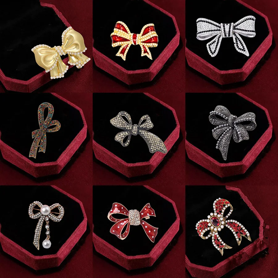 Retro court French bow brooch for women, fashionable enamel inlaid diamond chest flower brooch wholesale in stock