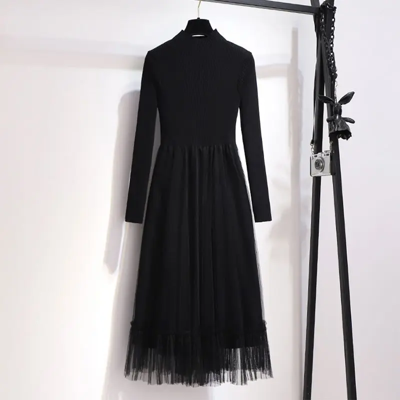 Elegant Fashion Outfits Women's Spring Autumn New Outwear Slim Knitted Vest Mid Length Solid Color Mesh Dress Two Piece Suit