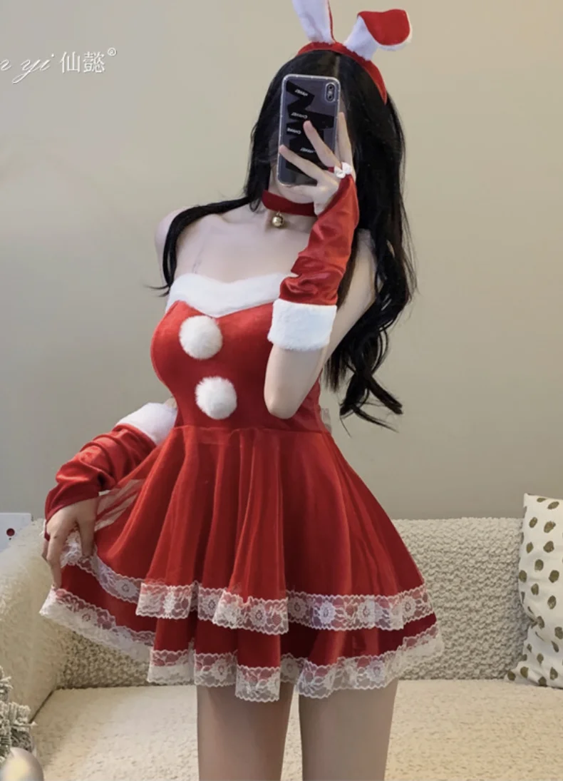 女性用ドレス クリスマスコスチューム プラッシュレーストリム ストラップレス バニーガール パフォーマンス衣装 コスプレ制服セット クリスマスドレス
