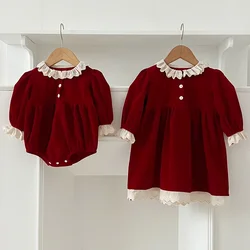 Christmas Kids Party Dress Sisters Girls Princess Dress Autumn Lace Long Sleeved Cotton Splicing Baby Bodysuits Sisters Clothes