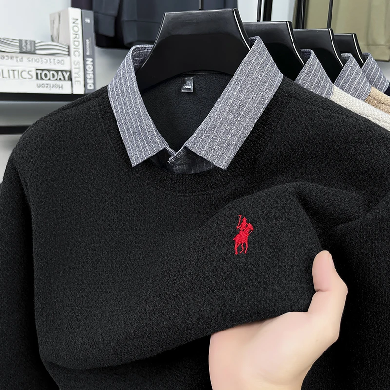 Thickened Men's Sweater with Added Fleece Shirt Collar Fake Two-piece Winter Warm One-piece Fleece Men's Knitted Base Sweater