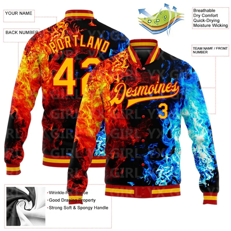 Kustom jaket hitam emas merah Royal api 3D pola desain Bomber jepret penuh Universitas jaket Letterman kancing bisbol jaket