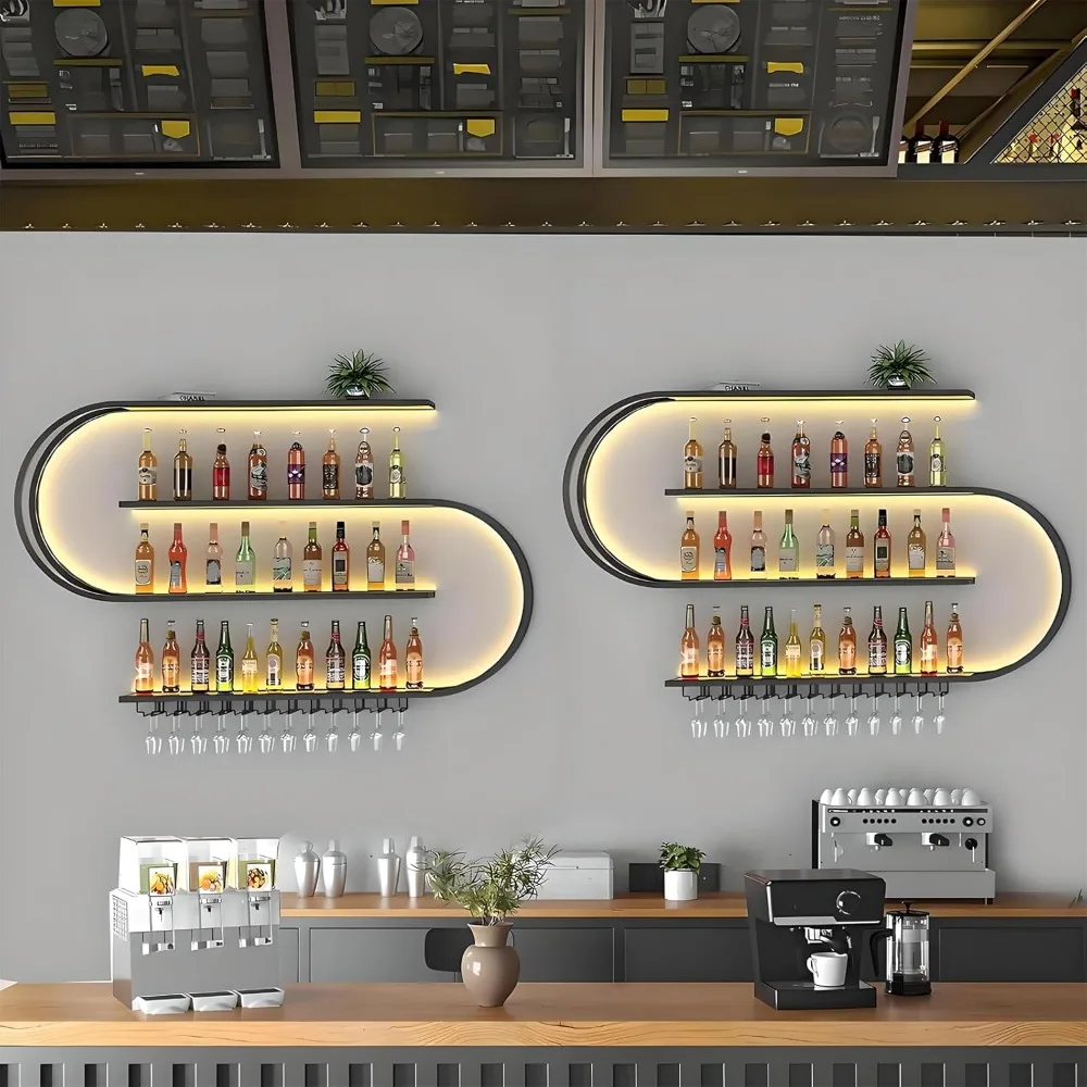 رف نبيذ متعدد الطبقات مثبت على الحائط نصف دائري مع خطافات زجاجية للمطبخ والبار