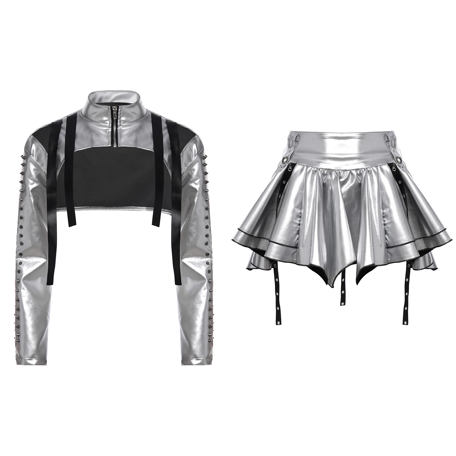 

Women Jazz Dance Outfit Metallic Shiny Jacket with Rivet Details Cold Shoulder Long Sleeve Crop Top and Pleated Miniskirt Set