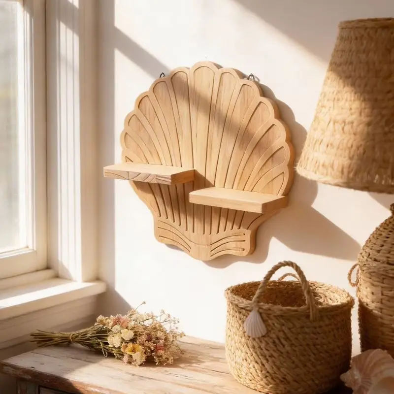 Boho Wooden Wall Shelf Shell/Spiral Shape Floating Wall Mount Storage Rack for Bedroom Bathroom Living Room Nursery Home Decor