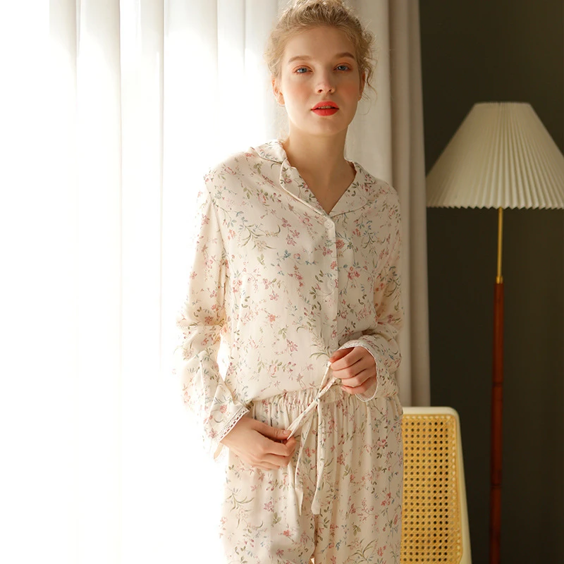 Women Two Pieces Spring Pajamas Suits Flower Print Long Sleeve Viscose Pijama Turn Down Collar Tops With Pants Satin Pajamas