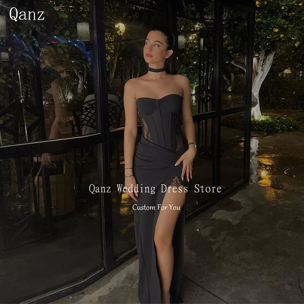 Qanz czarna koronka suknie balowe kochanie gorset z powrotem suknie wieczorowe kobieta elegancka syrenka wysokie rozcięcie satyna Vestido De Noche 2024