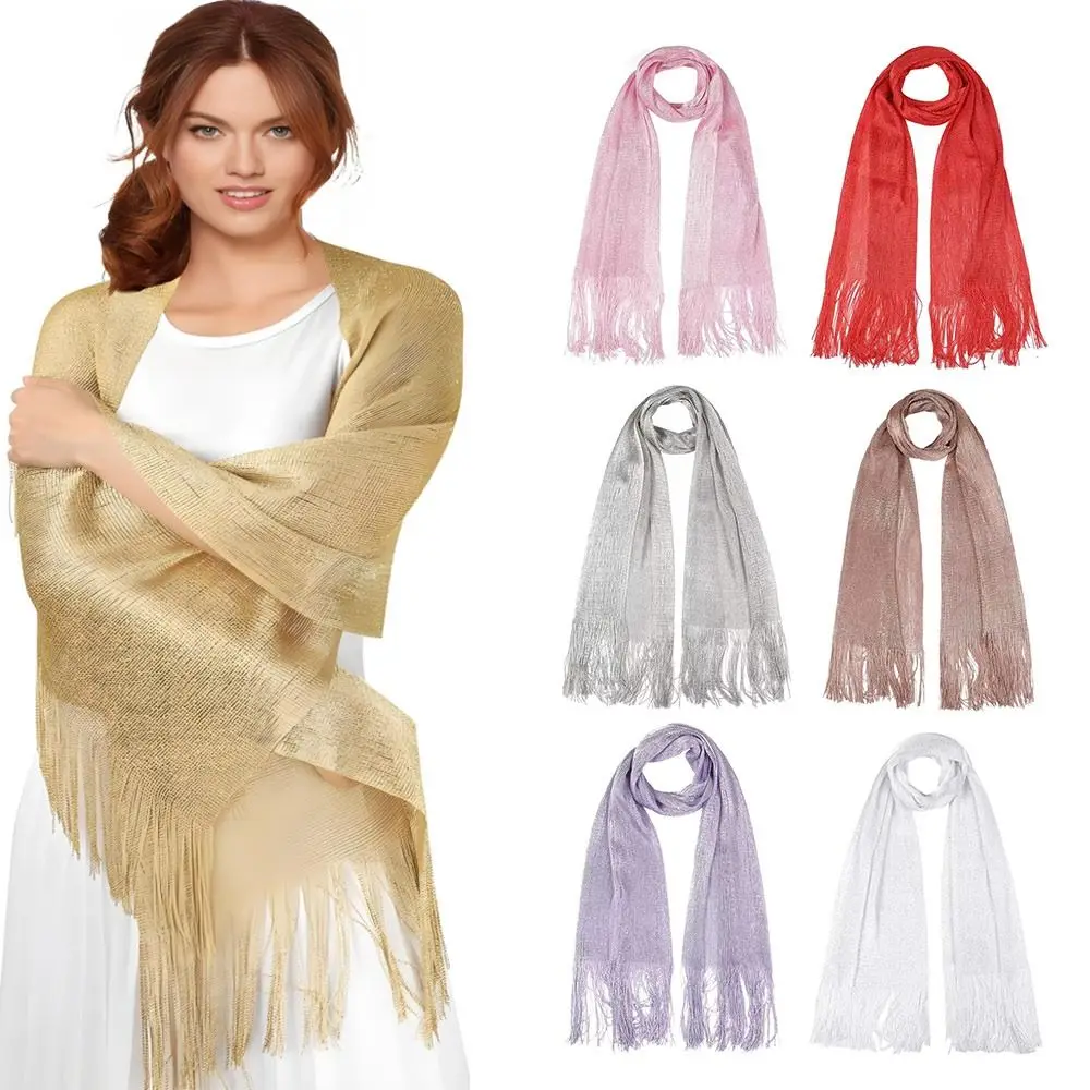 

Sunscreen Lace Tassels Silk Scarf Thin Neck Cover Bright Hollow Shawl Fashion Bib Golden Silvery Shiny Scarves