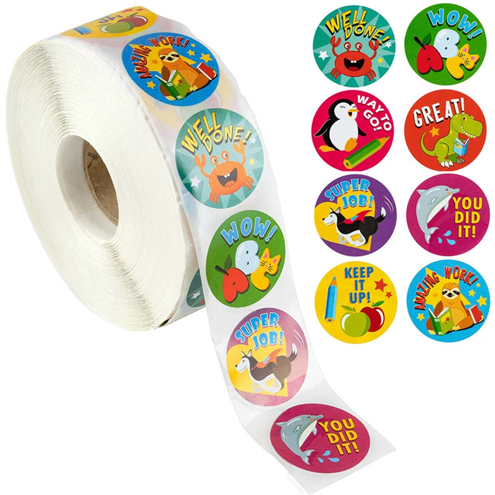 500Pcs Reward Stickers Motivational Stickers Roll for Kids for School Reward Students Teachers Cute Animals Stickers Labels