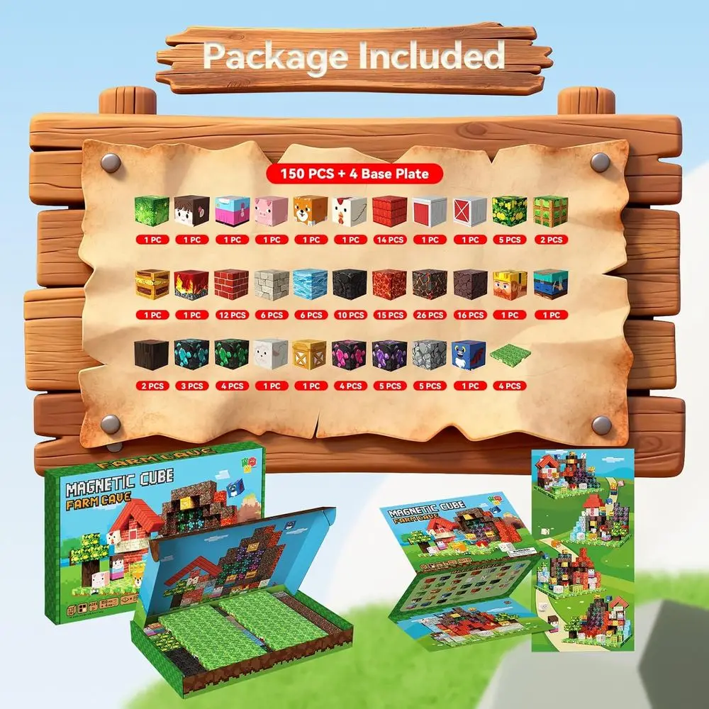 150피스 자석 빌딩 큐브 세트 - 어린이용 농장 테마 교육용 장난감, STEM 장난감, 남자아이들에게 완벽한 선물