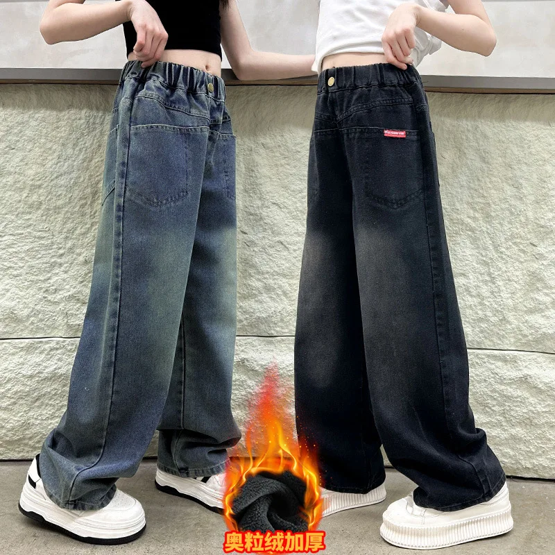 

New Winter Girl's Warm Insulate Jeans For Teenage Kids Vintage Blue Black Corduroy Fleece Denim Pants Children Thermal Trousers