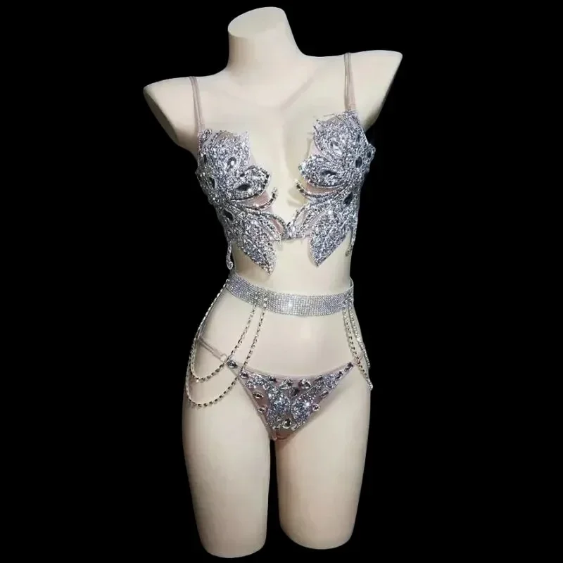 

Gold Silver Rhinestones Bikini Sexy Nightclub Pole Dance Costume DJ Dancer Club Party Show Stage Wear Diamond Bra Rave Outfits