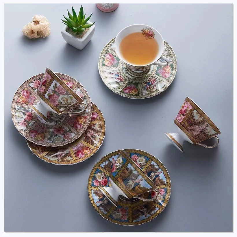 

French cup and saucer with spoon luxury coffee cup set Bone China tea cup and saucer set tea set for mom tea coffee gift sets