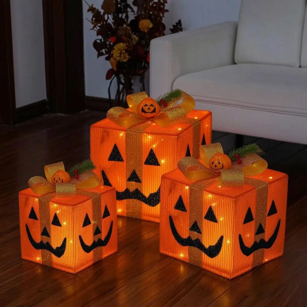 Collapsible Festival Storage Boxes 3pcs Halloween Pumpkin Gift Boxes Spooky Glowing Pumpkin Face Decor Warm Light Holiday Party