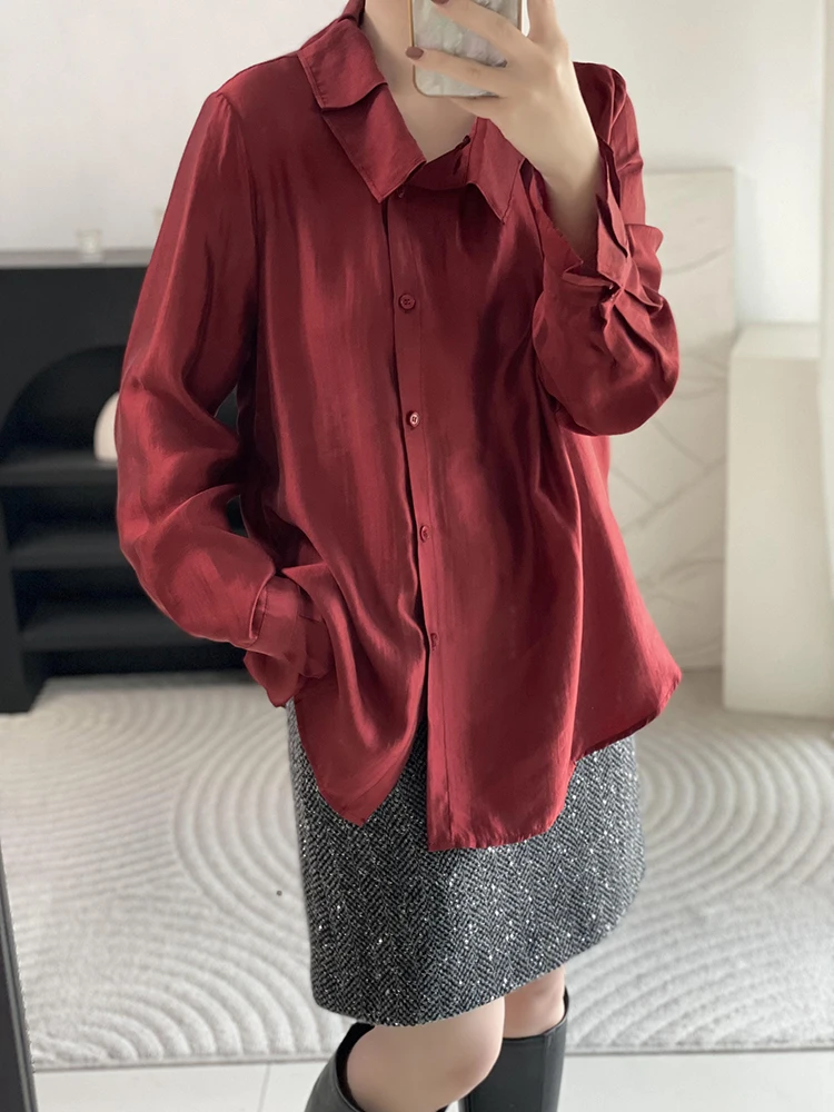 

Chinese Sle Silk irt Stand Collar Red Floral Embroidery Hem Base Layer Top Spring Overlap Wear Long Sve Women's irt