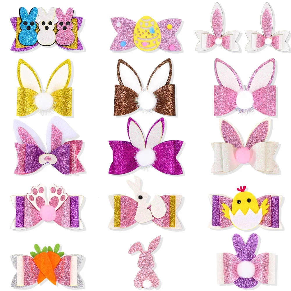 Easter Party Hair Clips - Kids Glitter Rabbit Ears Bow Chick Egg Hairpins - Children\'s Festival Hair Accessories