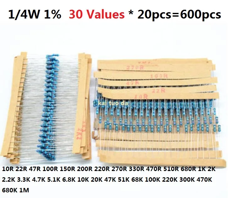30Values*20pcs=600pcs 1% Assorted Kit Set 1K 10K 470R 510R 680R 2K 2.2K 3.3K 4.7K 5.1K 6.8K 20K 47K 1/4W Metal Film Resistor Kit