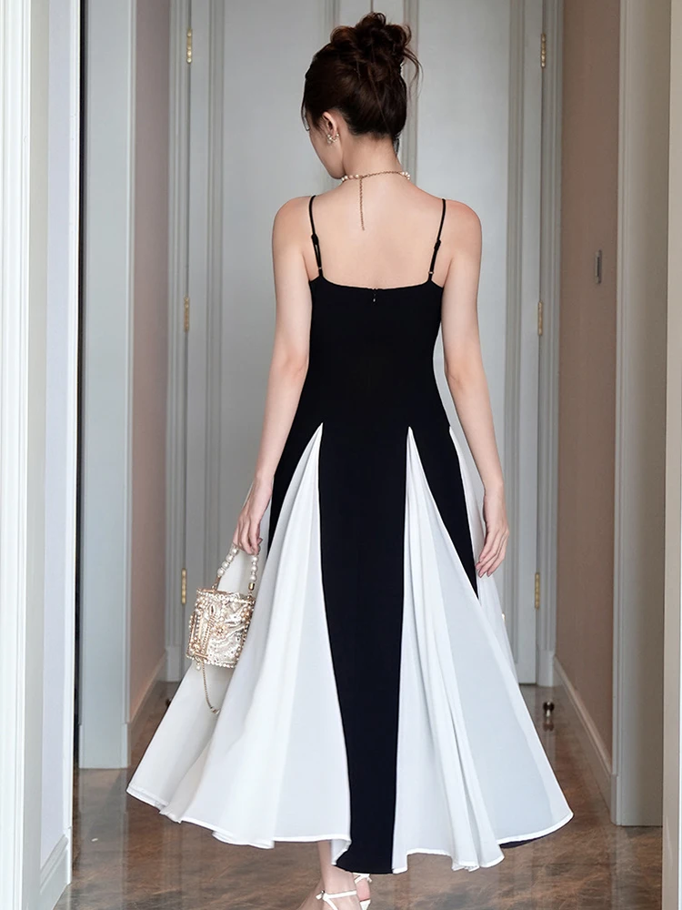 ชุดเดรสงานปาร์ตี้หวานๆ สำหรับผู้หญิง ดีไซน์หรูหรา เซ็กซี่ สีดำขาวตัดกัน สายเดี่ยว เปิดหลัง ทรงพลีท กระโปรงยาวทรงสวิง ชุดราตรีสำหรับงานพรอม