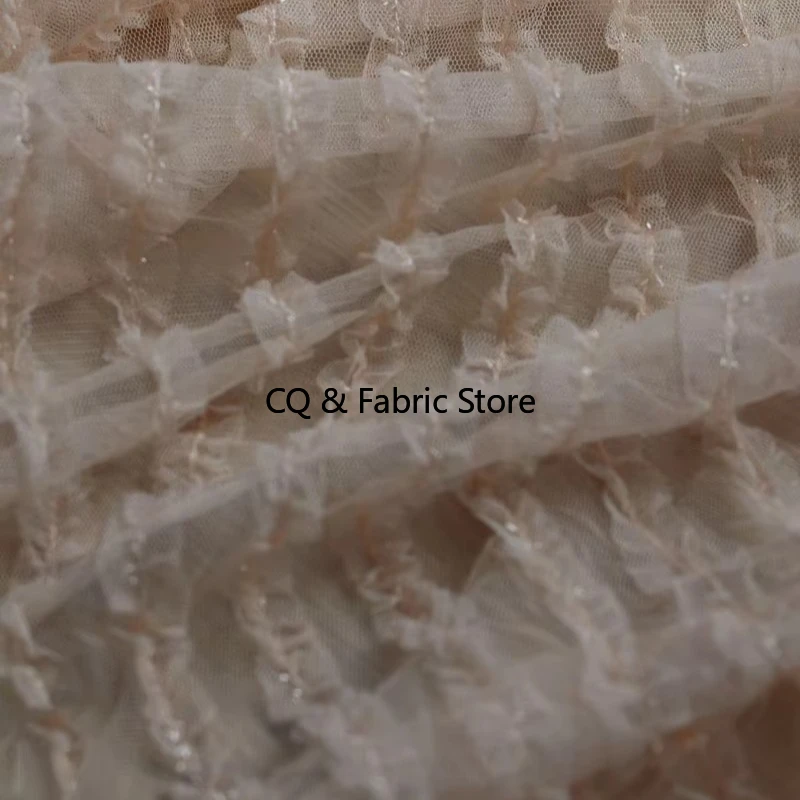 

Luxury Pink Ruffled 3D Textured Crinkle Mesh Lace Fabric for Bridal Gown and Evening Dress Design