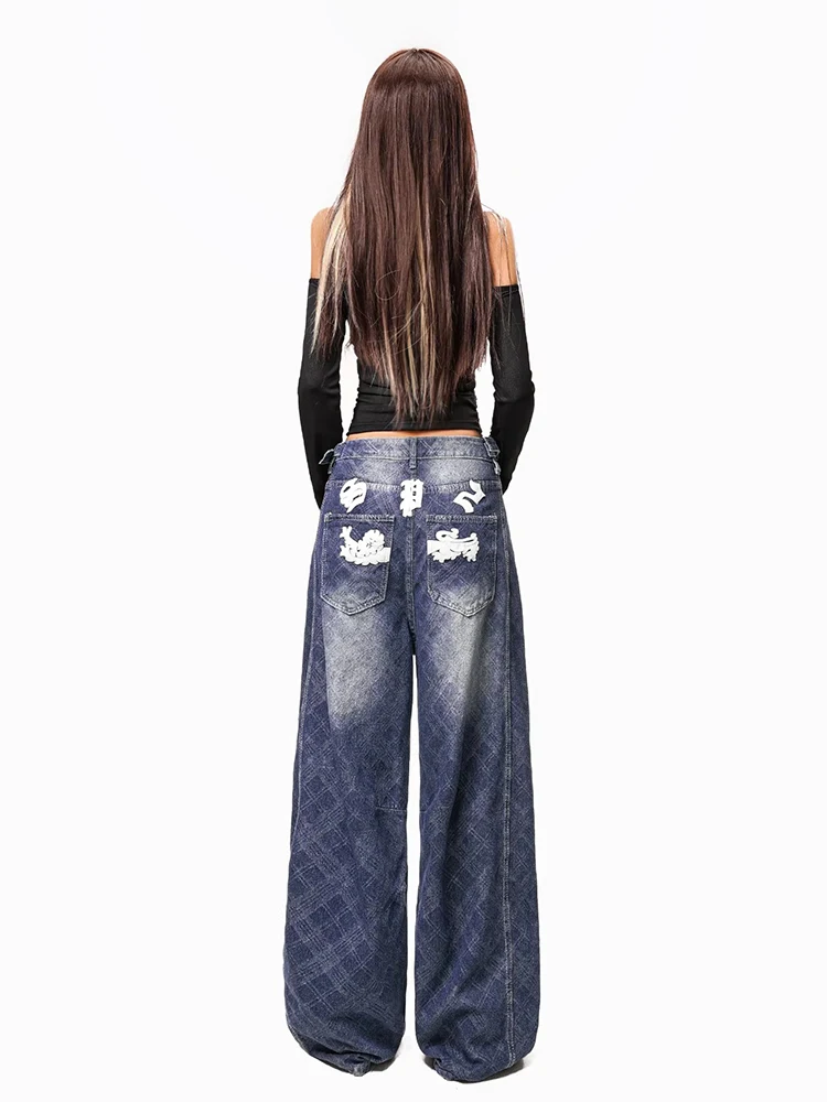 2026 Women Checkered Barrel Jeans Vintage Distressed Graphic Print High Waist Wide Leg Pants Casual Korean Y2k Streetwear