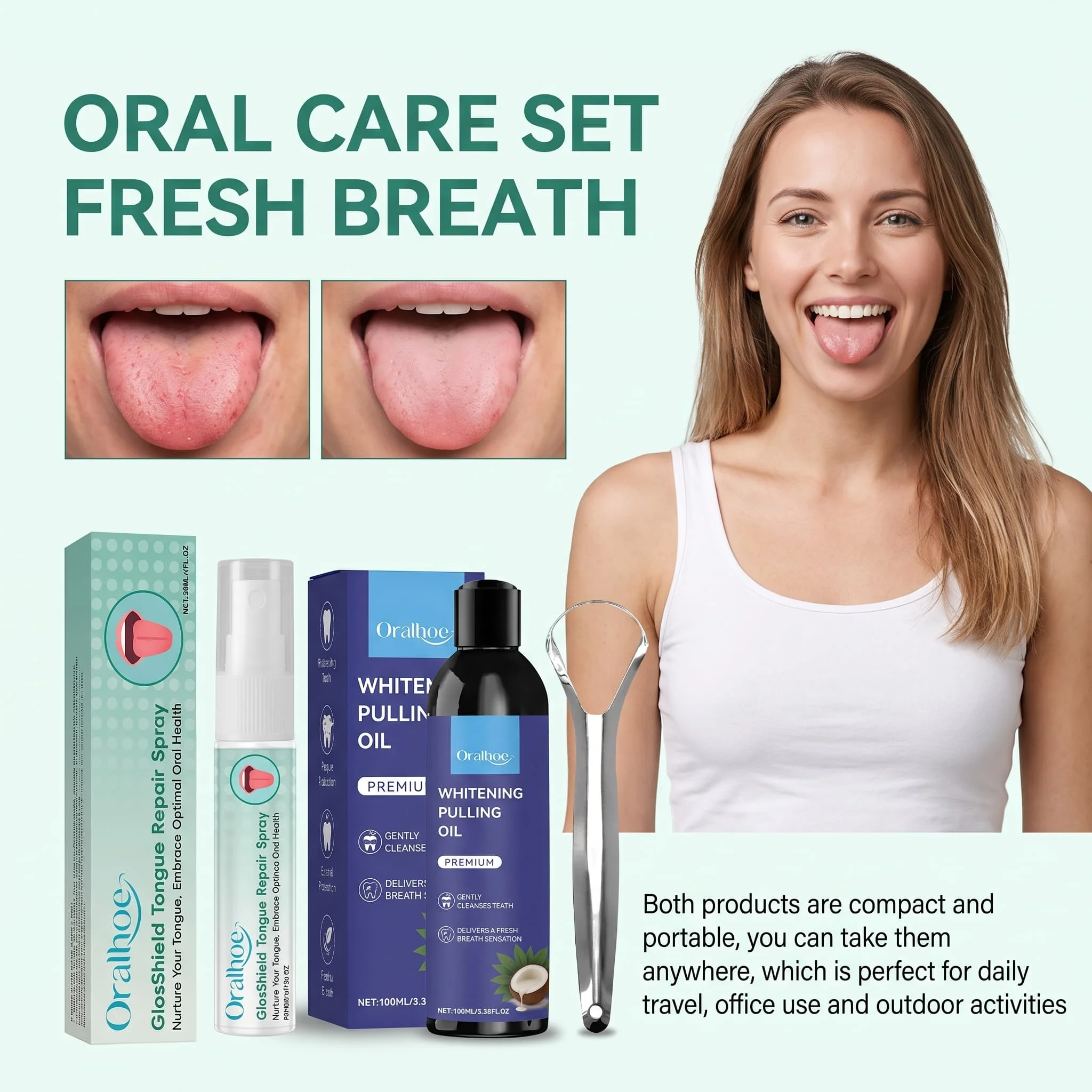 Oral Care Kit Tongue Relief Spray Fresh Breath Coconut Mint Mouthwash With Tongue Scraper Oral Hygiene Care Gentle Mouth Cleaner