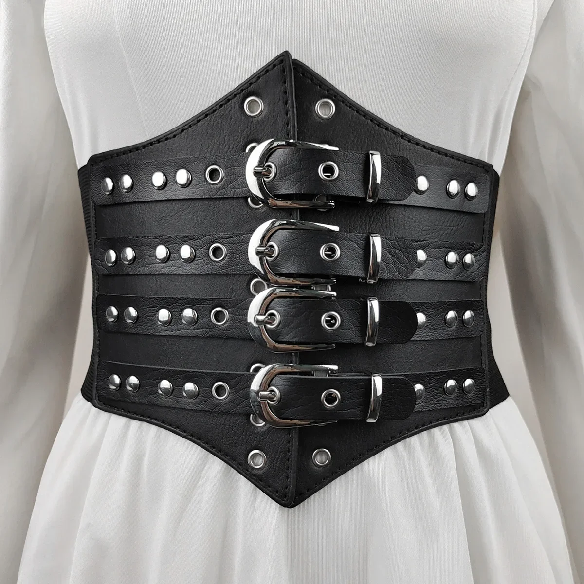 fashion-four-row-buckle-retro-decoration-punk-women's-wide-elastic-waistband-belt-runway-fashion-pu-leather-waist-cummerbunds