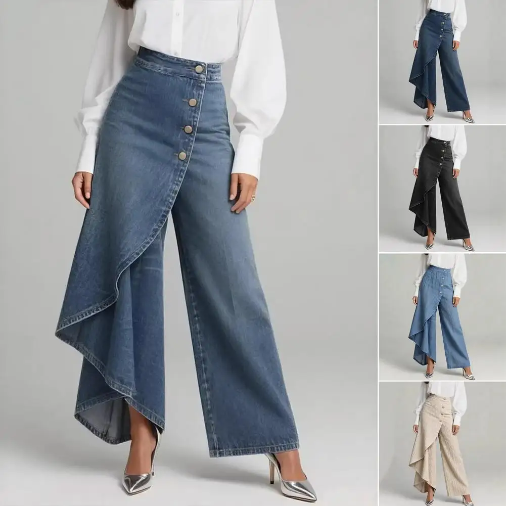 Women Pants High Waist Wide Leg Loose Fit Long Trousers Single Breasted Irregular Design Commuter Style Lady Pants
